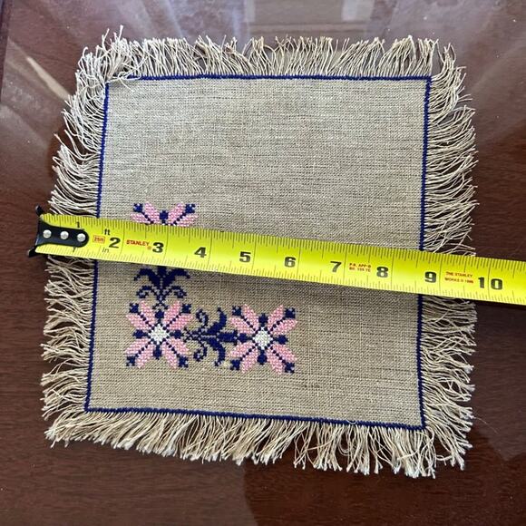 Vintage Pink Floral Embroidered 10”x10” Placemats on Burlap with Fringed Edge - Picture 8 of 9